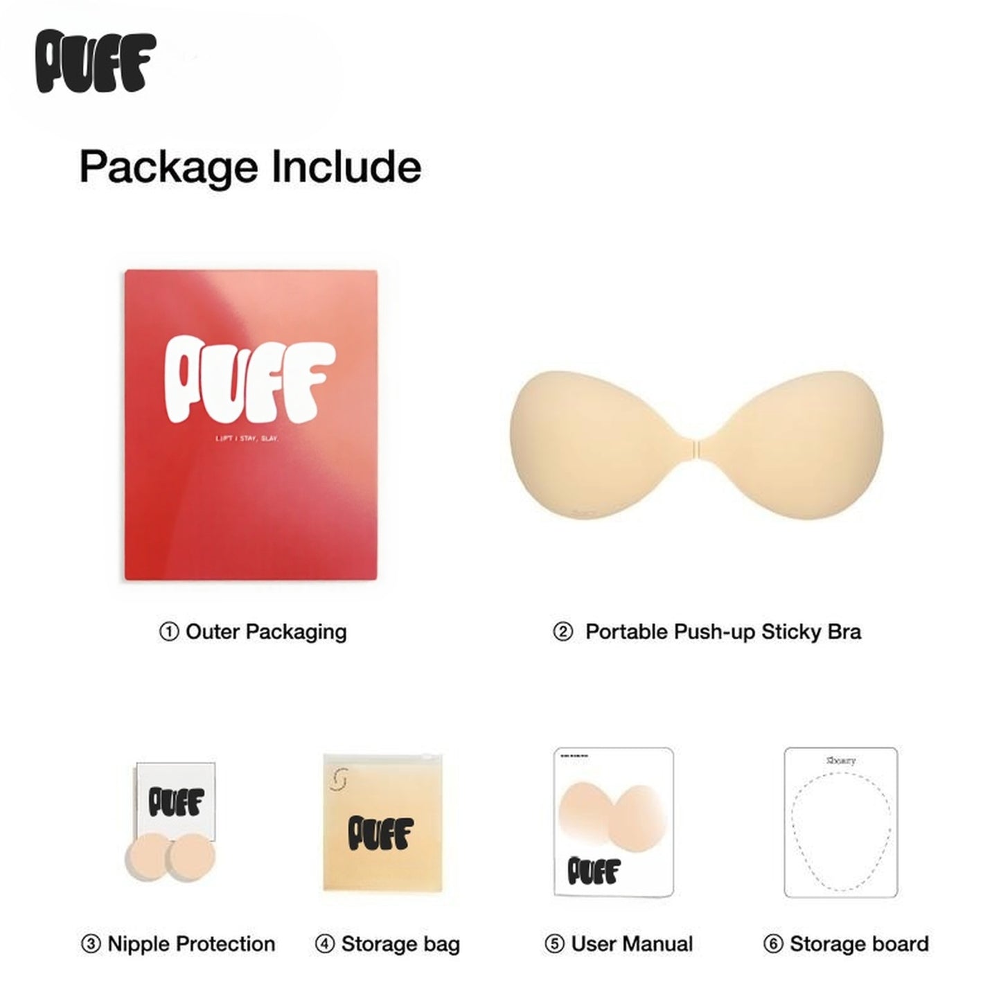Puff Portable Push-up Sticky Bra Waterproof & Sweat-proof Reusable Washable Essential for Travel Women's Wear with Storage Board